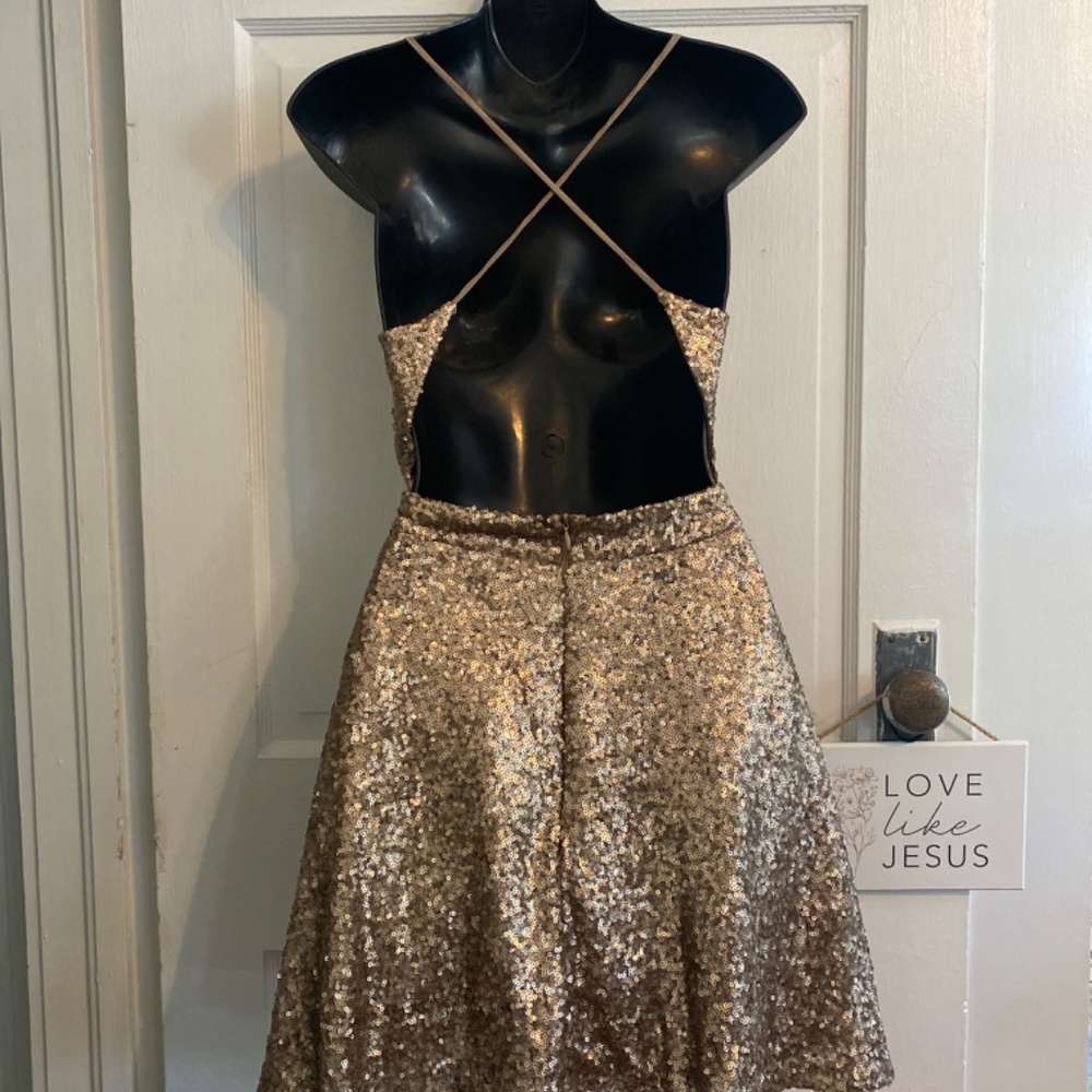 Gold Sequin Chris Cross Back Short Formal - image 4